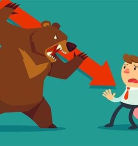 Bear with red arrow threatening man with piggybank