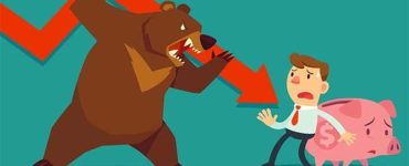 Bear with red arrow threatening man with piggybank