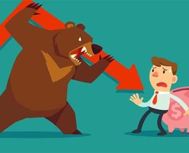 Bear with red arrow threatening man with piggybank